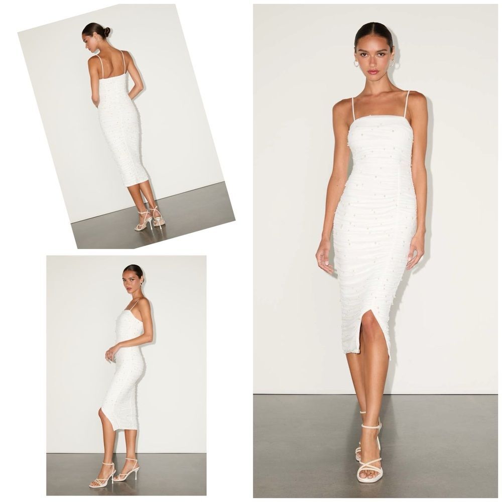 Lulus Toast to Romance Midi Dress White Ruched Pearl Bodycon Size L NWT